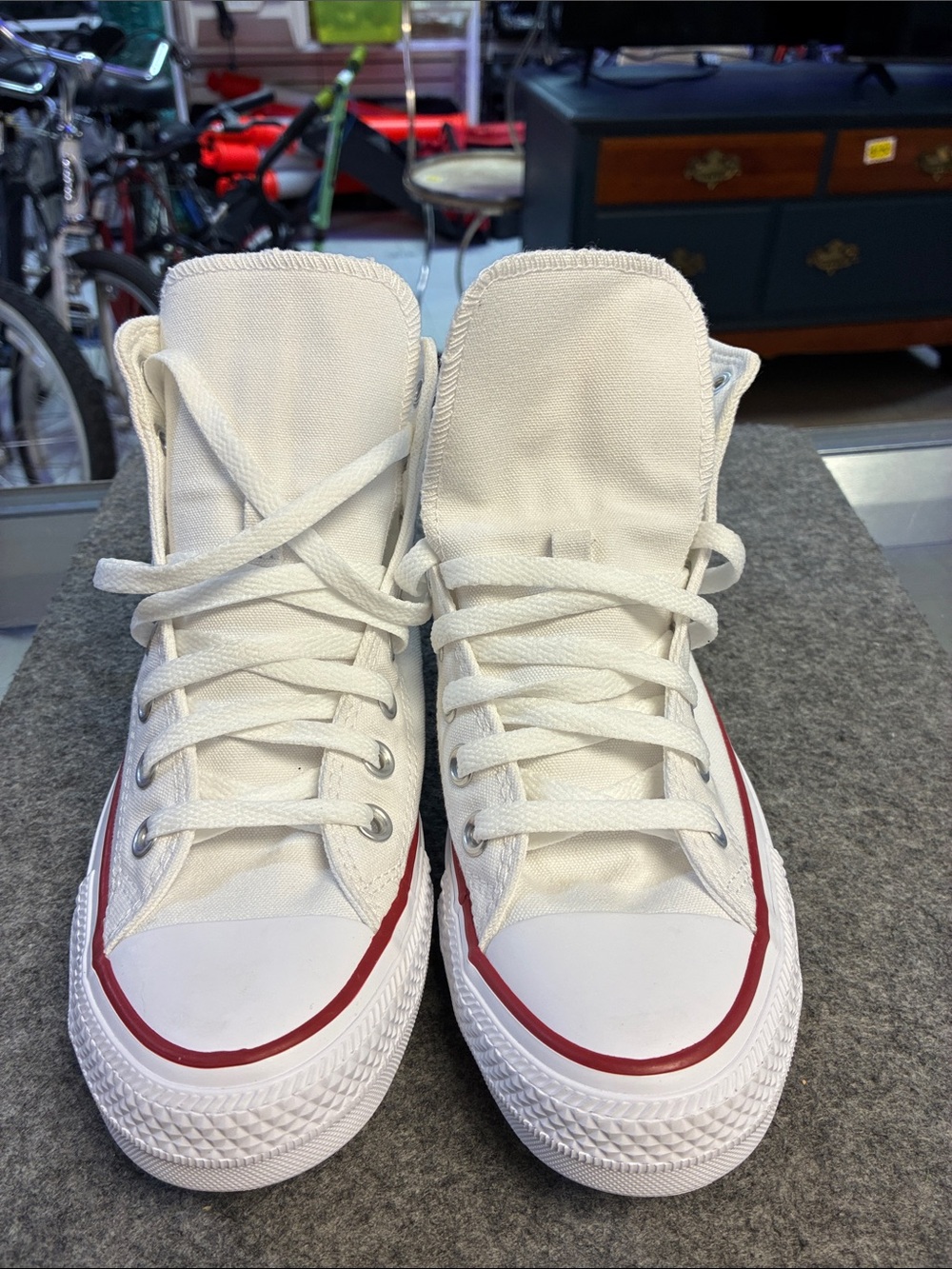 Converse White High Top Sneakers with Red & Navy Accents